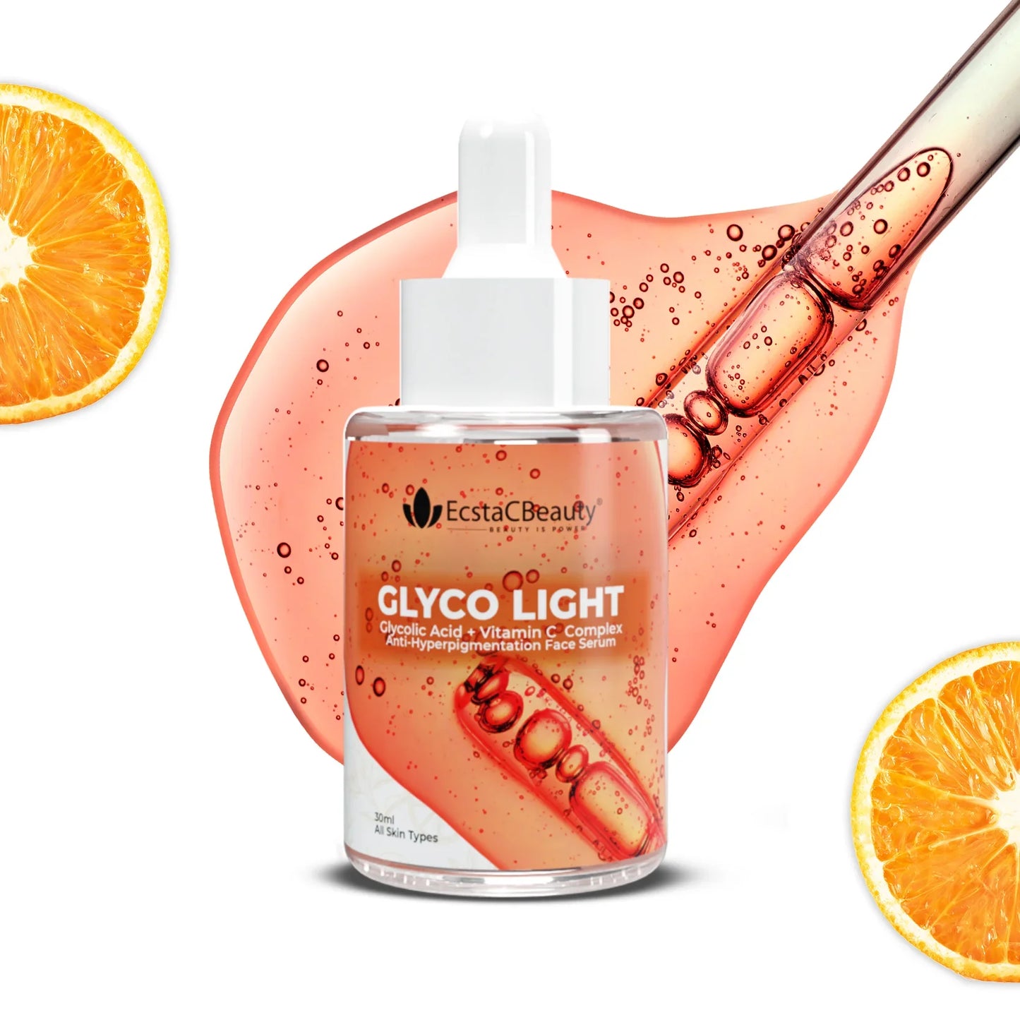 EcstaCBeauty Glyco Light Face Serum | Glycolic Acid & Vitamin C Complex | Exfoliating & Hydrating Formula | 100% Paraben & Toxin Free | All Skin Types (30ml)
