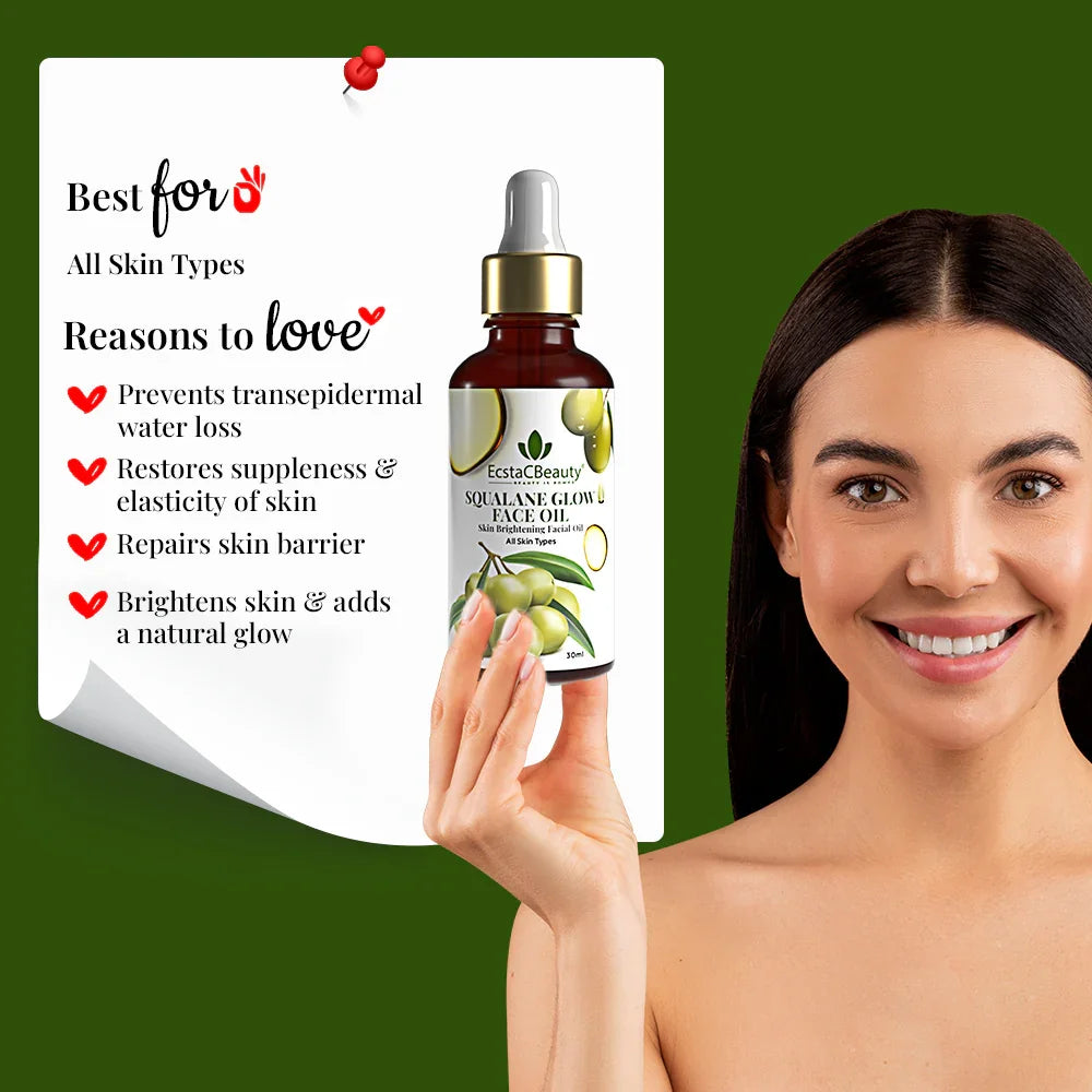 EcstaCBeauty Squalane Glow Face Oil | Skin Brightening & Hydrating Facial Oil | 100% Pure Olive-Derived Squalane | Lightweight, Non-Greasy & Fast-Absorbing | All Skin Types (30ml)