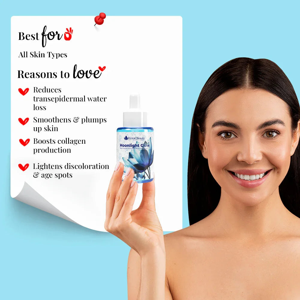 EcstaCBeauty Moonlight Glow Face Serum | Blue Lotus & Hyaluronic Acid for Deep Hydration & Radiance | Lightweight & Fast Absorbing | 100% Paraben & Toxin Free | All Skin Types (30ml)