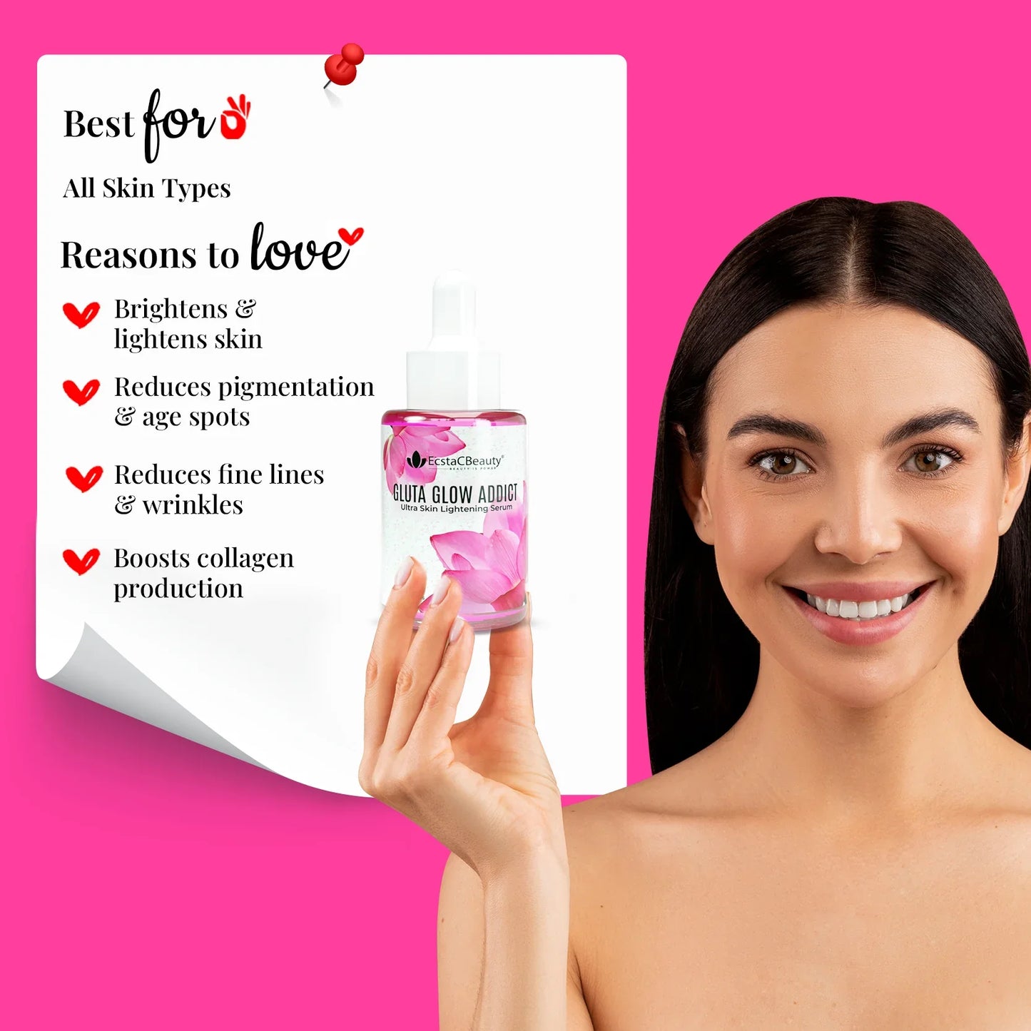 EcstaCBeauty Gluta Glow Addict | Ultra Skin Lightening Serum with Glutathione & Natural Extracts | Brightening & Hydrating Formula | 100% Paraben & Toxin Free | All Skin Types (30ml)