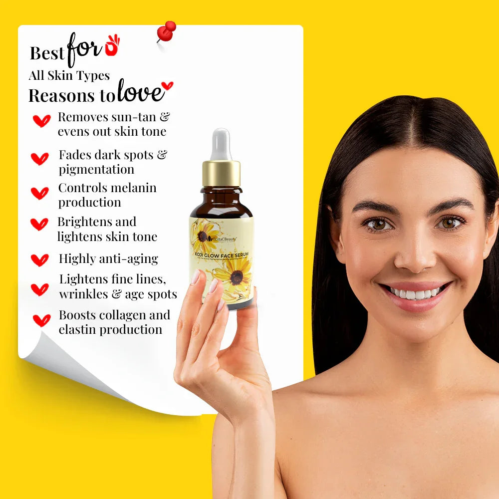 EcstaCBeauty Kojic Glow Face Serum | Anti-Tan & Anti-Pigmentation Skin Brightening Serum | Lightweight & Fast Absorbing | 100% Paraben & Toxin Free | All Skin Types 15ML