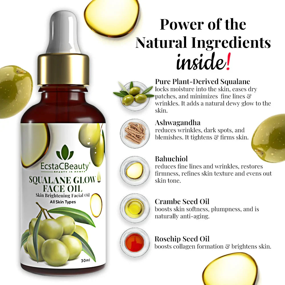 EcstaCBeauty Squalane Glow Face Oil | Skin Brightening & Hydrating Facial Oil | 100% Pure Olive-Derived Squalane | Lightweight, Non-Greasy & Fast-Absorbing | All Skin Types (30ml)