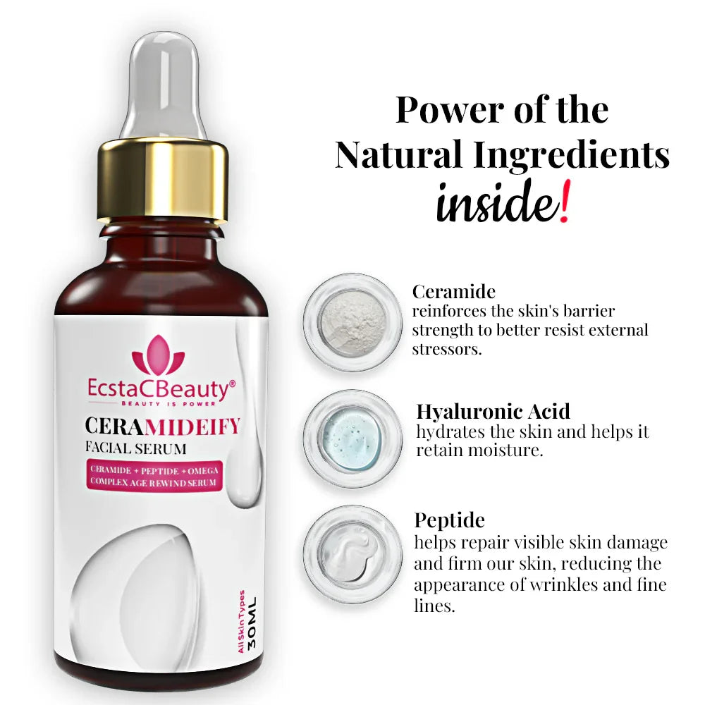 EcstaCBeauty Ceramideify Facial Serum | Hydrating & Anti-Aging Serum with Ceramide, Peptide & Omega Complex | Restores Skin Barrier & Reduces Fine Lines | All Skin Types (30ml)
