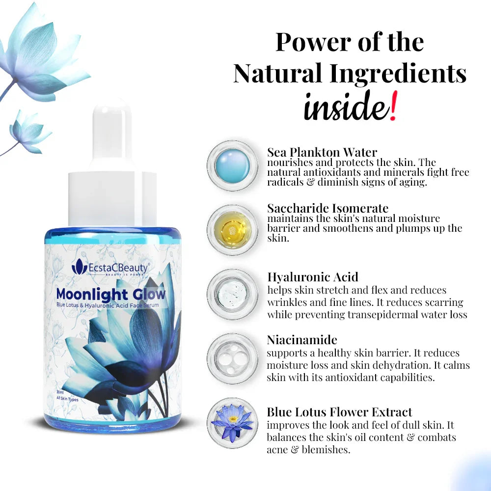 EcstaCBeauty Moonlight Glow Face Serum | Blue Lotus & Hyaluronic Acid for Deep Hydration & Radiance | Lightweight & Fast Absorbing | 100% Paraben & Toxin Free | All Skin Types (30ml)