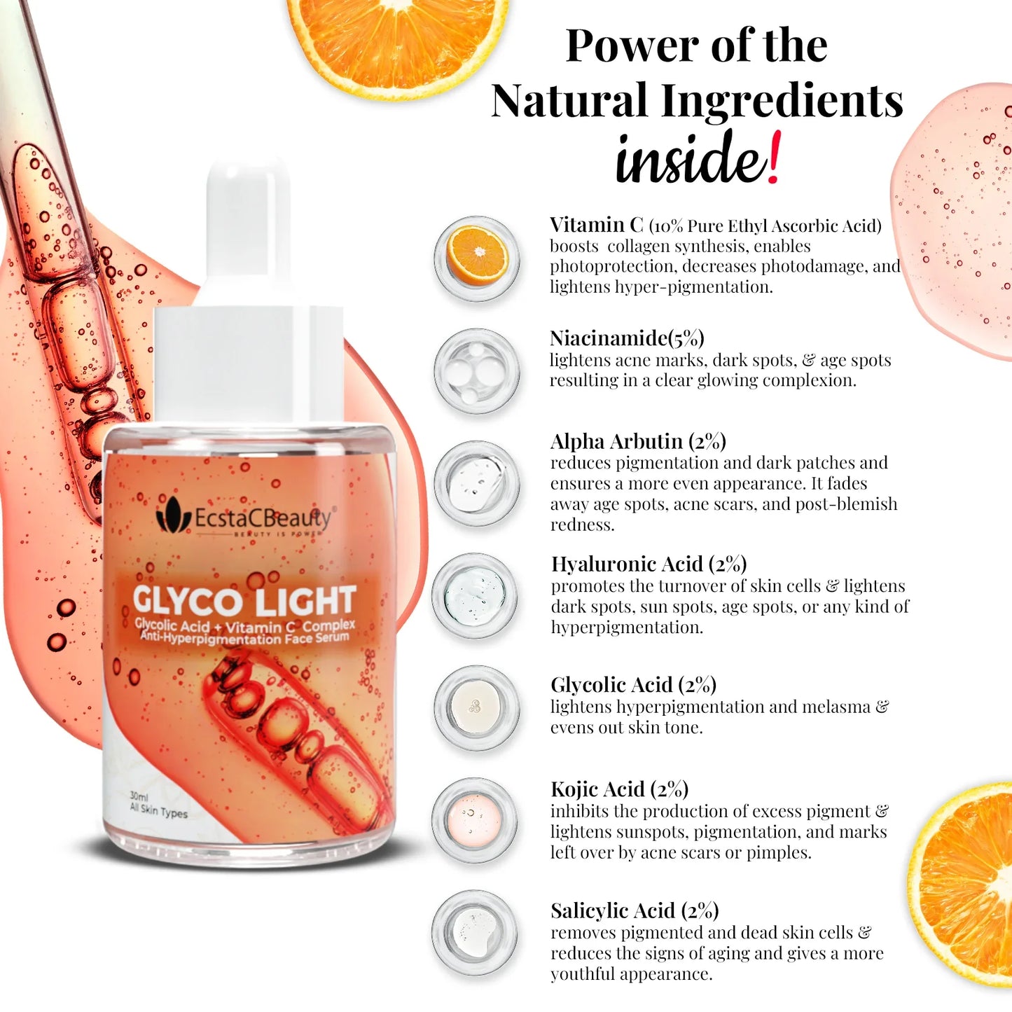 EcstaCBeauty Glyco Light Face Serum | Glycolic Acid & Vitamin C Complex | Exfoliating & Hydrating Formula | 100% Paraben & Toxin Free | All Skin Types (30ml)