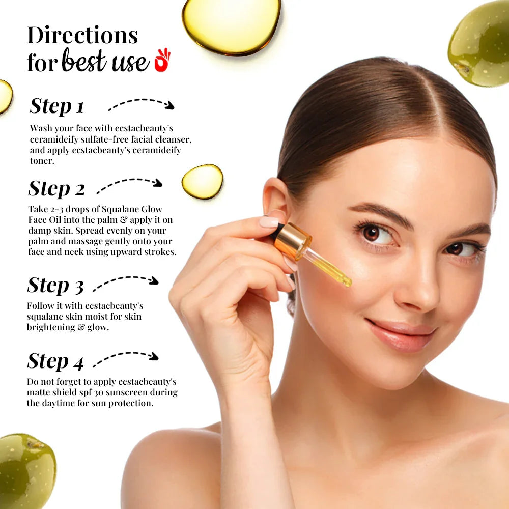 EcstaCBeauty Squalane Glow Face Oil | Skin Brightening & Hydrating Facial Oil | 100% Pure Olive-Derived Squalane | Lightweight, Non-Greasy & Fast-Absorbing | All Skin Types (30ml)
