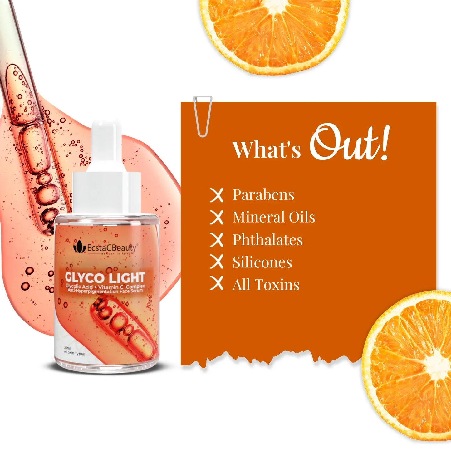 EcstaCBeauty Glyco Light Face Serum | Glycolic Acid & Vitamin C Complex | Exfoliating & Hydrating Formula | 100% Paraben & Toxin Free | All Skin Types (30ml)