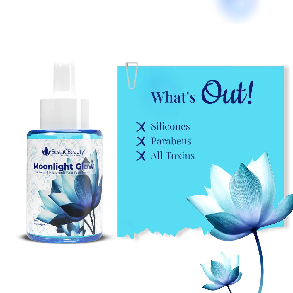 EcstaCBeauty Moonlight Glow Face Serum | Blue Lotus & Hyaluronic Acid for Deep Hydration & Radiance | Lightweight & Fast Absorbing | 100% Paraben & Toxin Free | All Skin Types (30ml)