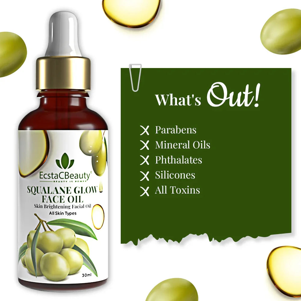 EcstaCBeauty Squalane Glow Face Oil | Skin Brightening & Hydrating Facial Oil | 100% Pure Olive-Derived Squalane | Lightweight, Non-Greasy & Fast-Absorbing | All Skin Types (30ml)