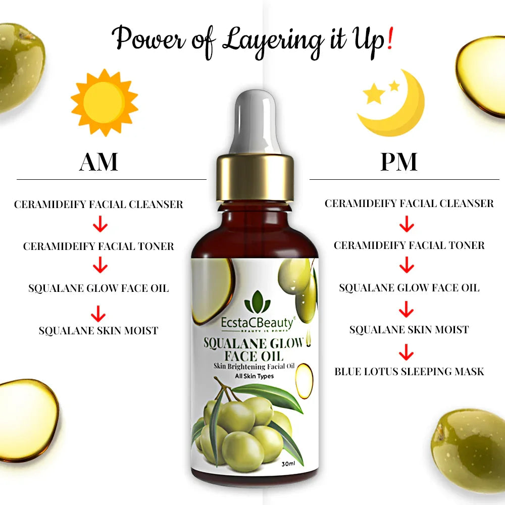 EcstaCBeauty Squalane Glow Face Oil | Skin Brightening & Hydrating Facial Oil | 100% Pure Olive-Derived Squalane | Lightweight, Non-Greasy & Fast-Absorbing | All Skin Types (30ml)