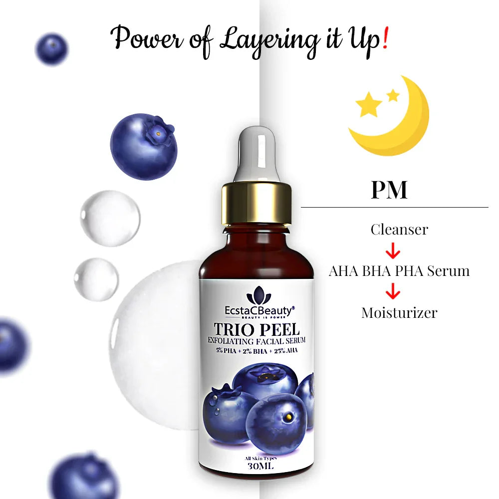 EcstaCBeauty Trio Peel Exfoliating Facial Serum | 5% PHA + 2% BHA + 25% AHA | Gentle Yet Effective Chemical Peel for Smoother Skin | Removes Dead Skin & Unclogs Pores | All Skin Types (30ML)