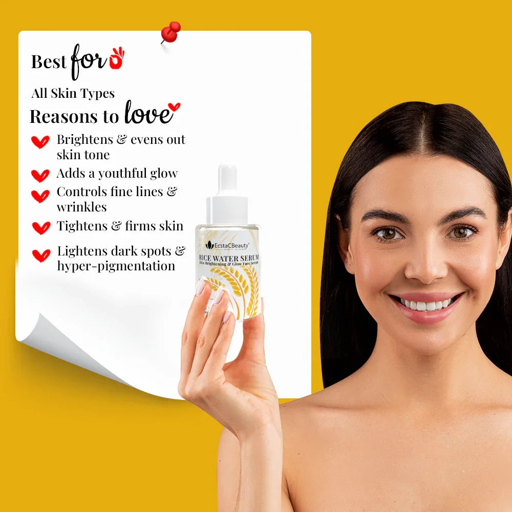 EcstaCBeauty Rice Water Serum | Skin Brightening & Glow Face Serum | Natural Hydration & Radiance Boost | 100% Paraben & Toxin Free | All Skin Types (30ml)