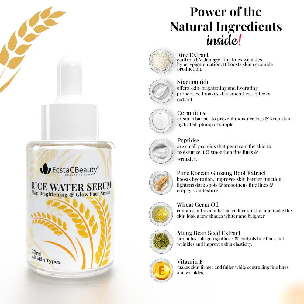EcstaCBeauty Rice Water Serum | Skin Brightening & Glow Face Serum | Natural Hydration & Radiance Boost | 100% Paraben & Toxin Free | All Skin Types (30ml)
