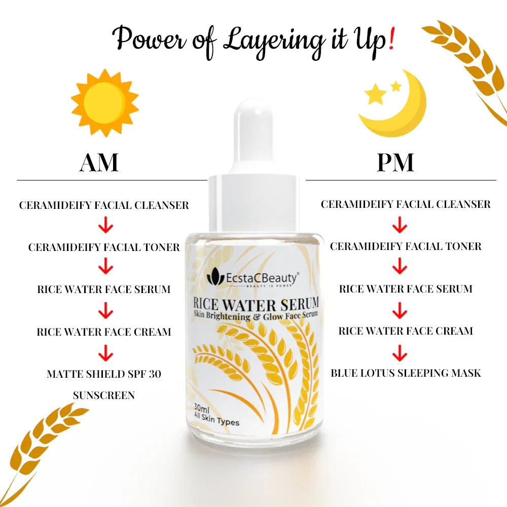 EcstaCBeauty Rice Water Serum | Skin Brightening & Glow Face Serum | Natural Hydration & Radiance Boost | 100% Paraben & Toxin Free | All Skin Types (30ml)