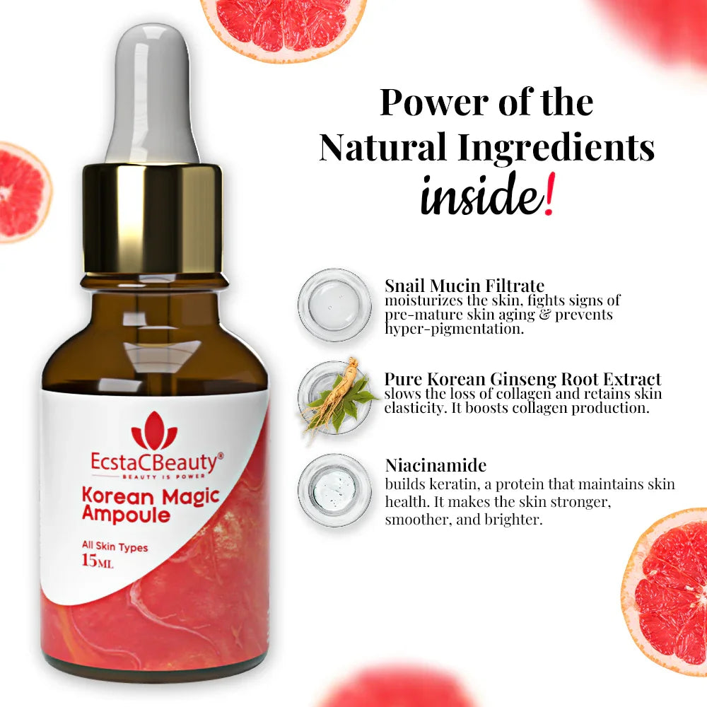 EcstaCBeauty Korean Magic Ampoule | Advanced Hydrating & Brightening Serum | Deep Skin Repair with Potent Actives | 100% Paraben & Toxin Free | All Skin Types (15ml)