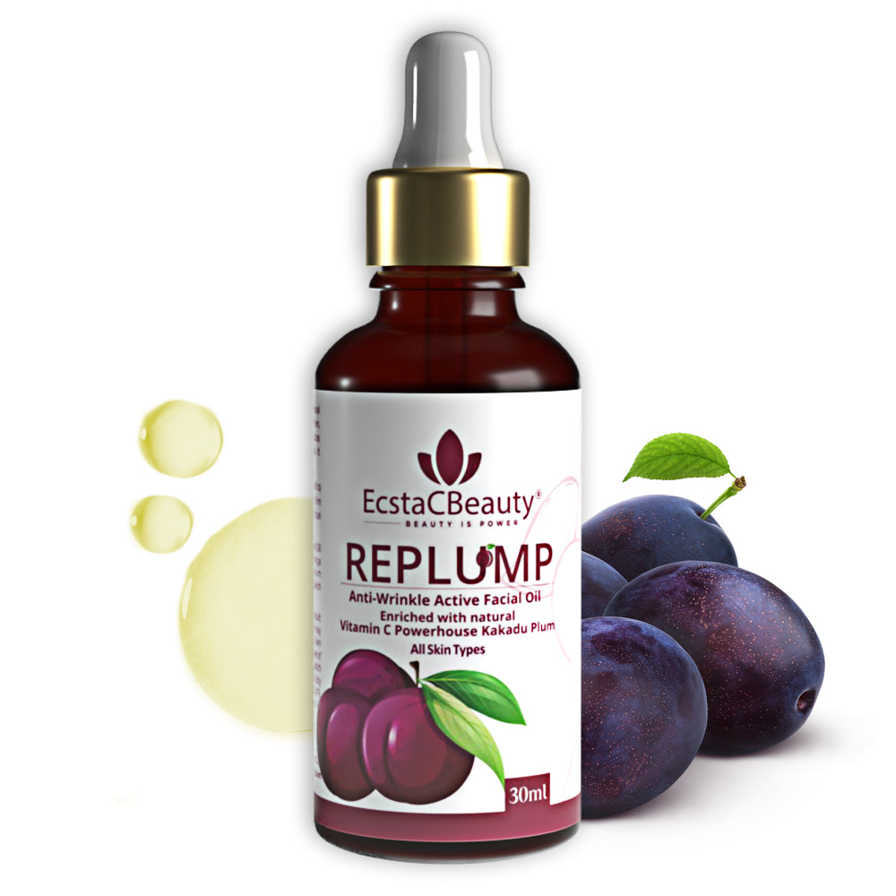 EcstaCBeauty Replump Facial Oil | Anti-Wrinkle Active Oil with Vitamin C & Kakadu Plum | Skin Brightening & Hydrating Formula | 100% Paraben & Toxin Free | All Skin Types (30ml)