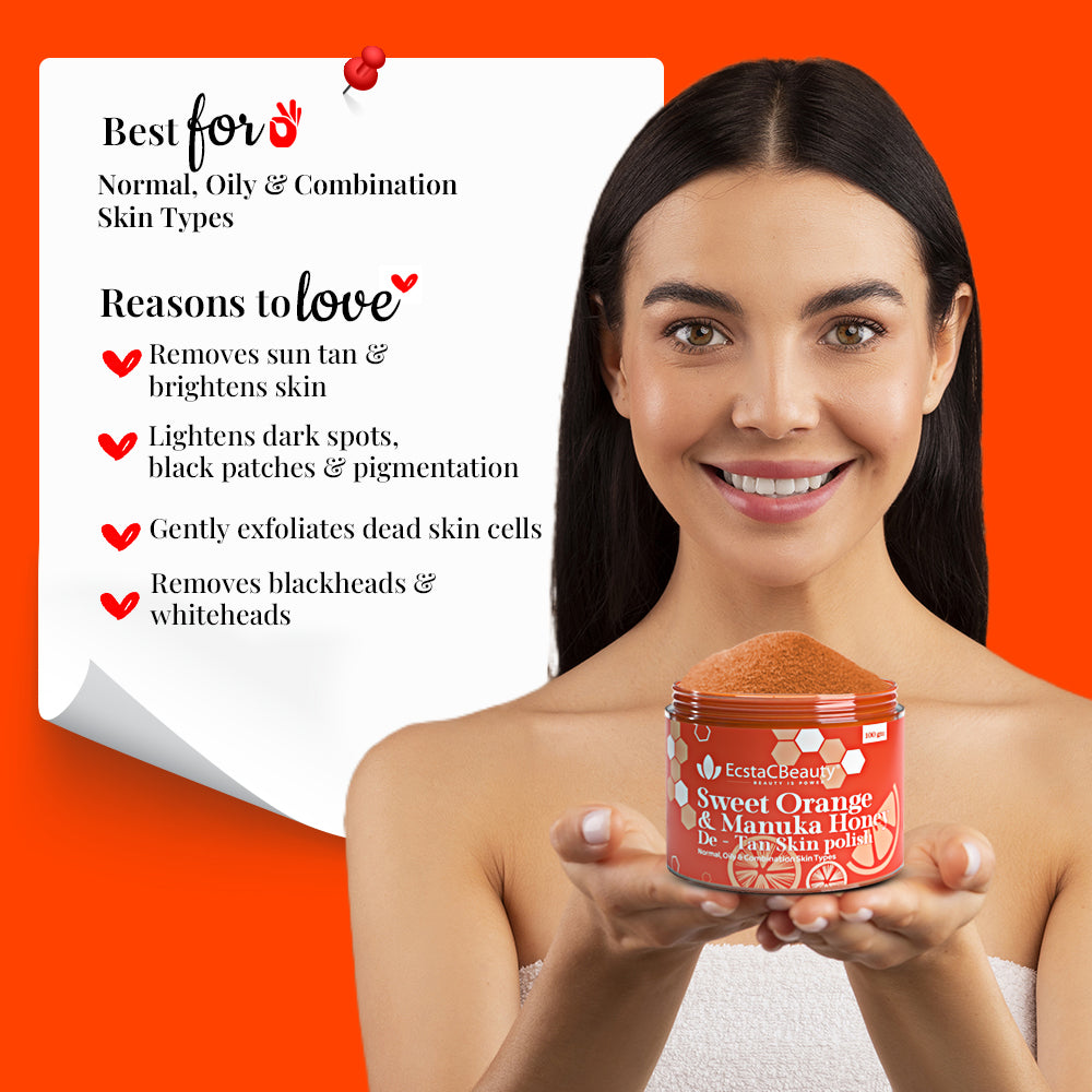Sweet Orange & Manuka Honey De-Tan Skin Polish Vitamin C Face Scrub for Tan Removal & Glow
