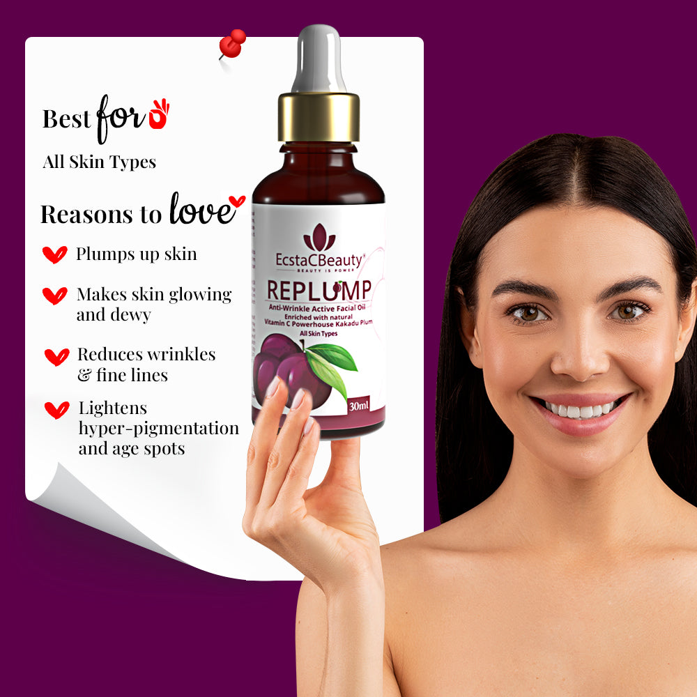 EcstaCBeauty Replump Facial Oil | Anti-Wrinkle Active Oil with Vitamin C & Kakadu Plum | Skin Brightening & Hydrating Formula | 100% Paraben & Toxin Free | All Skin Types (30ml)