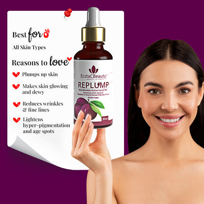 EcstaCBeauty Replump Facial Oil | Anti-Wrinkle Active Oil with Vitamin C & Kakadu Plum | Skin Brightening & Hydrating Formula | 100% Paraben & Toxin Free | All Skin Types (30ml)