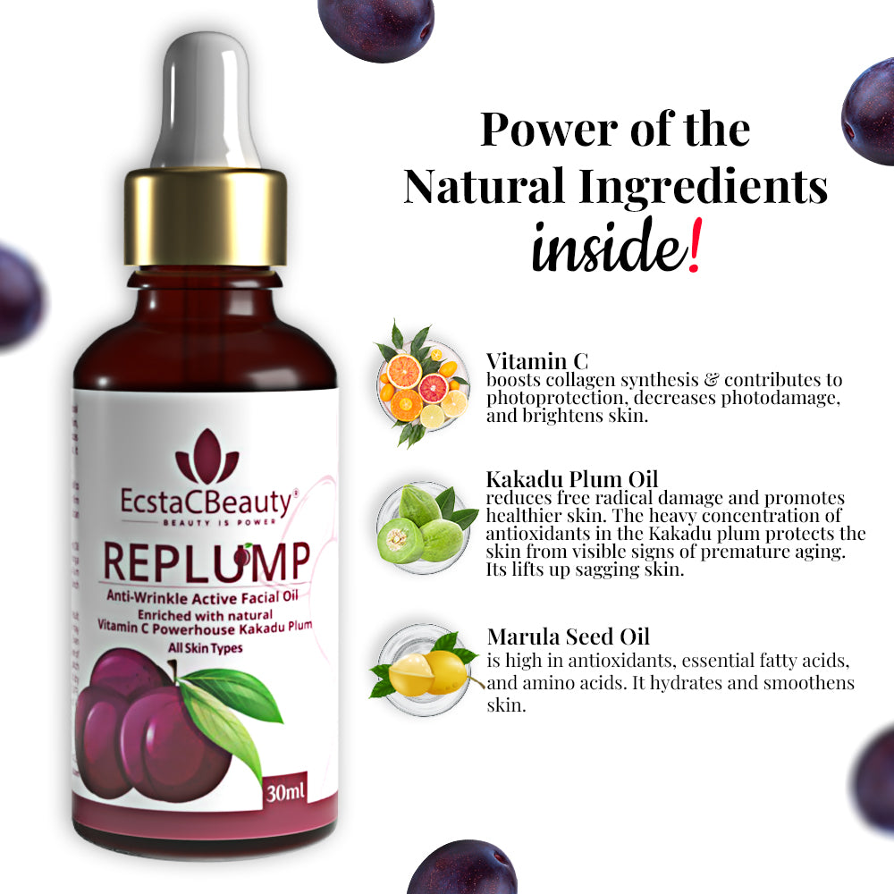 EcstaCBeauty Replump Facial Oil | Anti-Wrinkle Active Oil with Vitamin C & Kakadu Plum | Skin Brightening & Hydrating Formula | 100% Paraben & Toxin Free | All Skin Types (30ml)