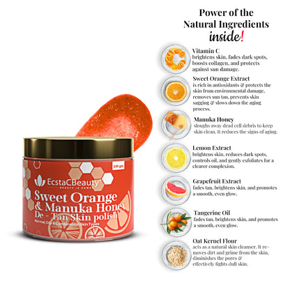 Sweet Orange & Manuka Honey De-Tan Skin Polish Vitamin C Face Scrub for Tan Removal & Glow