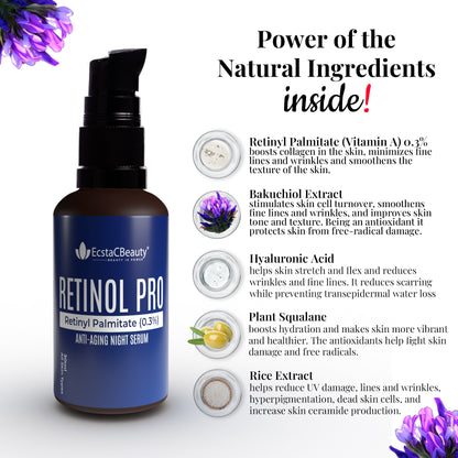 EcstaCBeauty Retinol Pro | Advanced Retinyl Palmitate Night Serum | Anti-Aging & Skin Renewal | Reduces Wrinkles & Fine Lines | 100% Paraben & Toxin Free | All Skin Types (30ml)