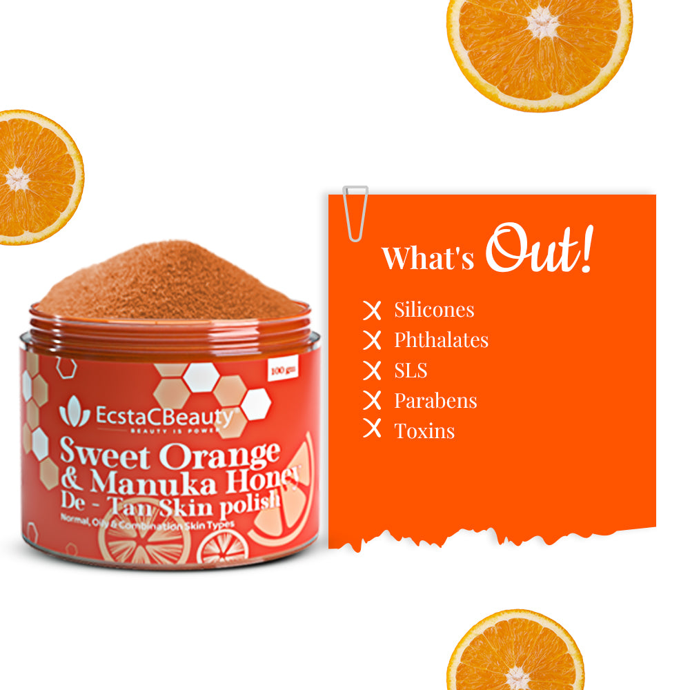 Sweet Orange & Manuka Honey De-Tan Skin Polish Vitamin C Face Scrub for Tan Removal & Glow