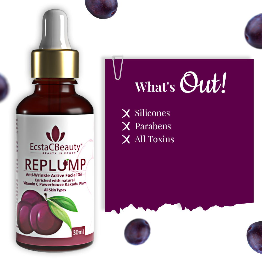 EcstaCBeauty Replump Facial Oil | Anti-Wrinkle Active Oil with Vitamin C & Kakadu Plum | Skin Brightening & Hydrating Formula | 100% Paraben & Toxin Free | All Skin Types (30ml)