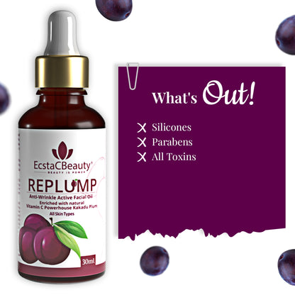 EcstaCBeauty Replump Facial Oil | Anti-Wrinkle Active Oil with Vitamin C & Kakadu Plum | Skin Brightening & Hydrating Formula | 100% Paraben & Toxin Free | All Skin Types (30ml)