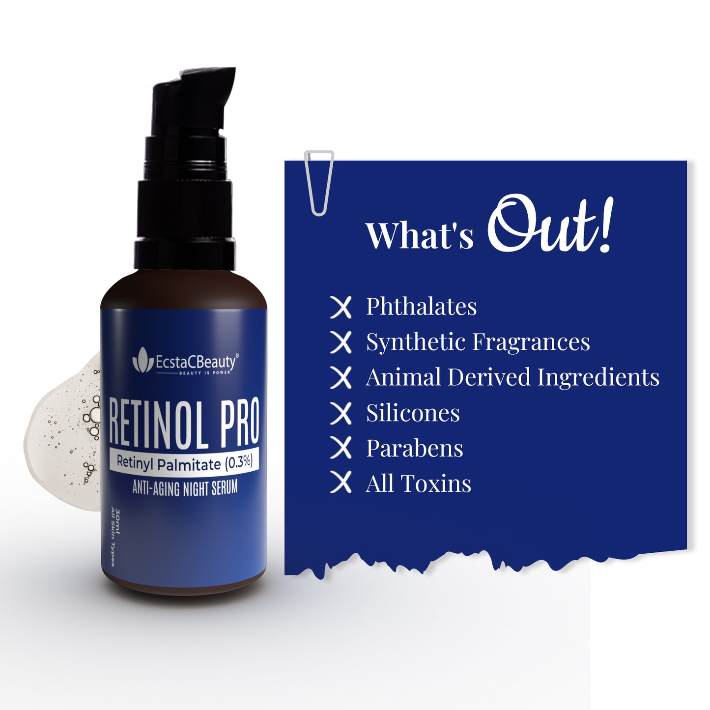 EcstaCBeauty Retinol Pro | Advanced Retinyl Palmitate Night Serum | Anti-Aging & Skin Renewal | Reduces Wrinkles & Fine Lines | 100% Paraben & Toxin Free | All Skin Types (30ml)