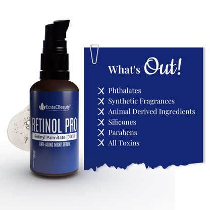 EcstaCBeauty Retinol Pro | Advanced Retinyl Palmitate Night Serum | Anti-Aging & Skin Renewal | Reduces Wrinkles & Fine Lines | 100% Paraben & Toxin Free | All Skin Types (30ml)