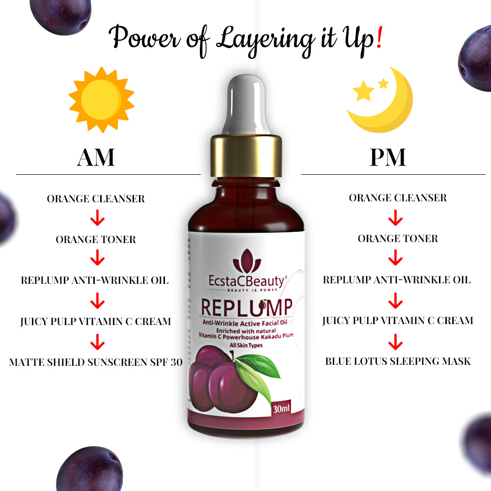 EcstaCBeauty Replump Facial Oil | Anti-Wrinkle Active Oil with Vitamin C & Kakadu Plum | Skin Brightening & Hydrating Formula | 100% Paraben & Toxin Free | All Skin Types (30ml)