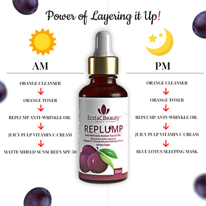 EcstaCBeauty Replump Facial Oil | Anti-Wrinkle Active Oil with Vitamin C & Kakadu Plum | Skin Brightening & Hydrating Formula | 100% Paraben & Toxin Free | All Skin Types (30ml)