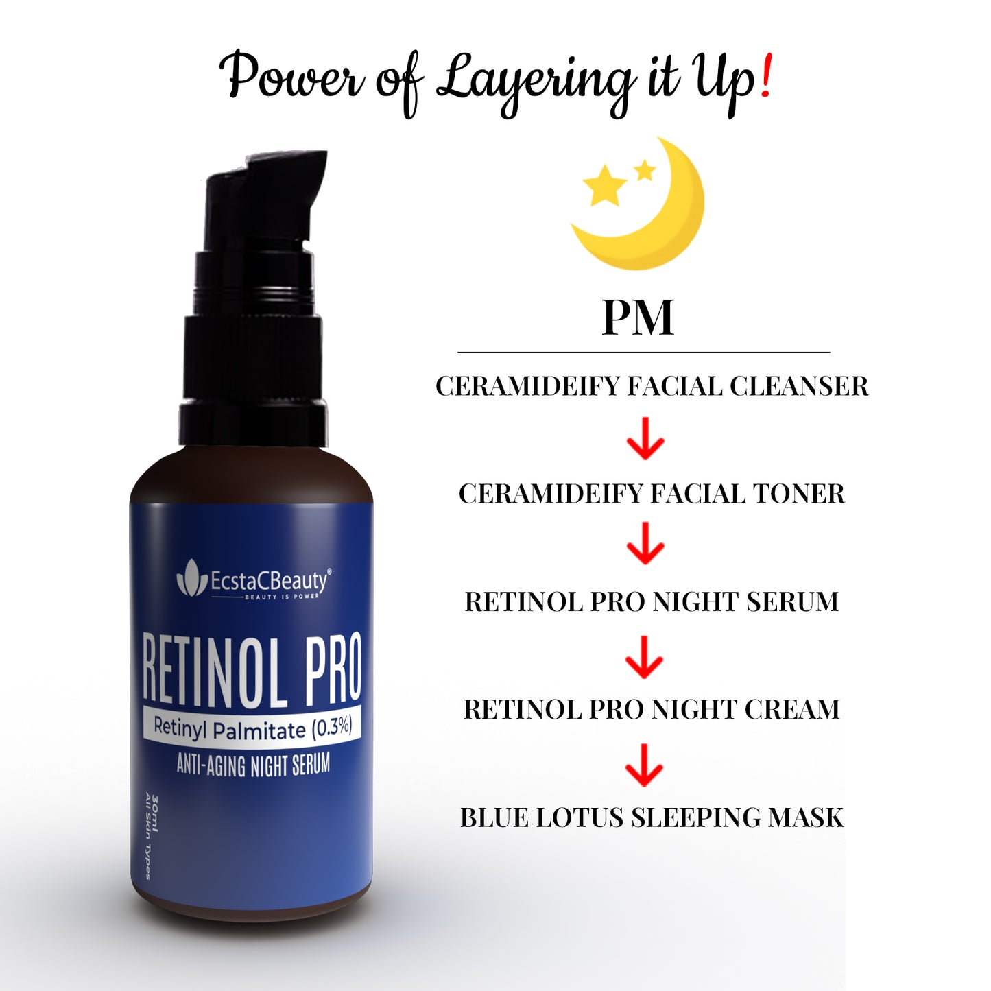 EcstaCBeauty Retinol Pro | Advanced Retinyl Palmitate Night Serum | Anti-Aging & Skin Renewal | Reduces Wrinkles & Fine Lines | 100% Paraben & Toxin Free | All Skin Types (30ml)